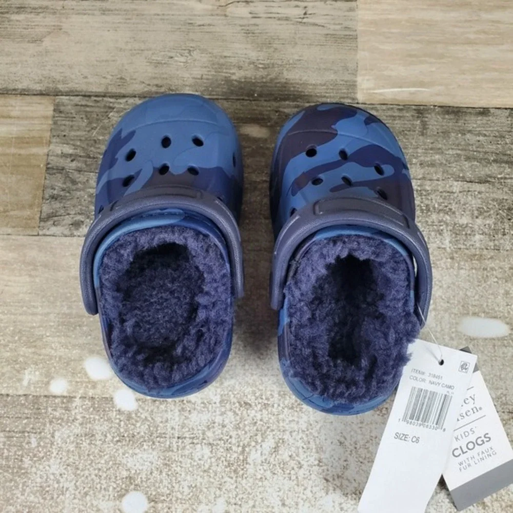 Berkley Jensen Kids Clogs‎ Sz 6 Comfort Navy Camo Faux Fur Round Toe Shoes